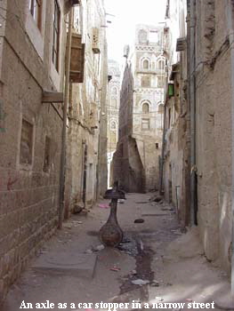 An axle as a car stopper in a narrow street An axle as a car stopper in a narrow street