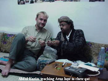 Abdul Karim teaching Arno how to chew qat Abdul Karim teaching Arno how to chew qat