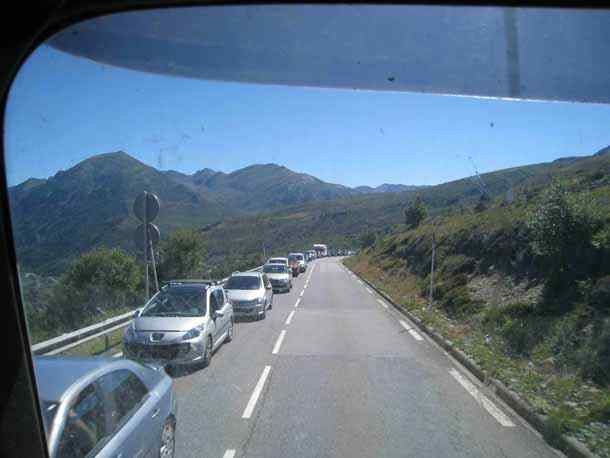 Traffic jam in France on the mountain road up to Andorra.