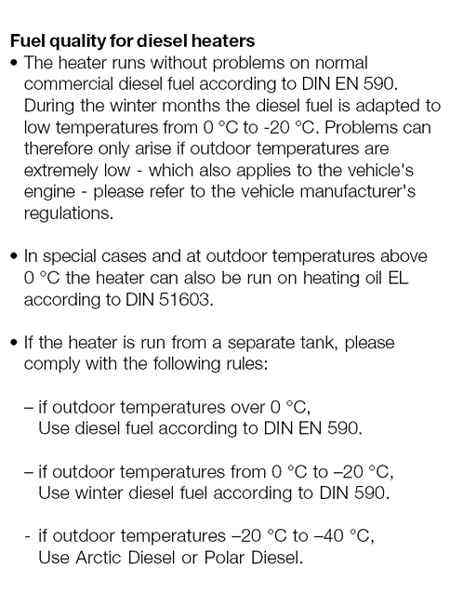 Diesel fuel quality specification Eberspacher Airtronic D3 and D4