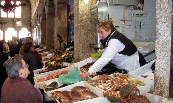 Fish market at Praza de abastos in Santiago de Compostela in Galicia - Spain