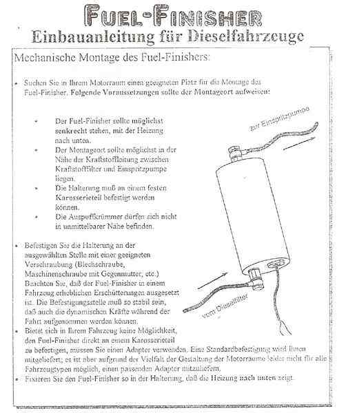 Diesel fuel catalyst - Fuel Finisher installation schematic