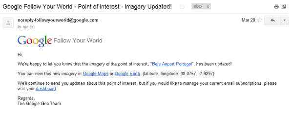 Google map update e-mail from Follow Your World