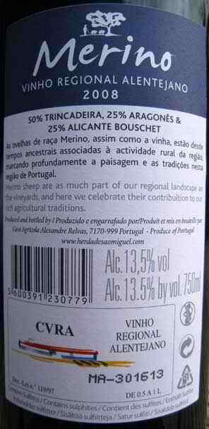 Merino 2008 from Herdade Sao Miguel in the Alentejo region Portugal