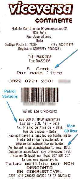 Fuel discount voucher from Continente in Portugal