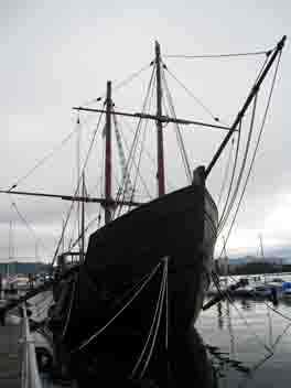 The replica of the Pinta Caravel bringing the news of the discovery of the New-World in Baiona, Galicia - Spain