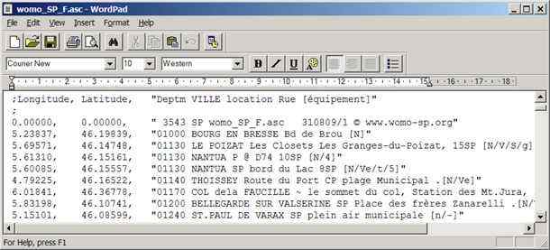 ASCII formatted public parking area directory