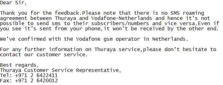 SMS text message contracts between Satelite network operator and cellphone network operator