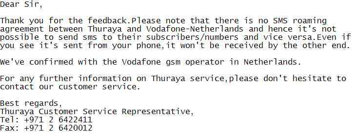 SMS text message contracts between Satelite network operator and cellphone network operator