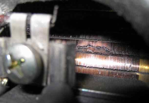 Burned out copper commutator segment in starter motor