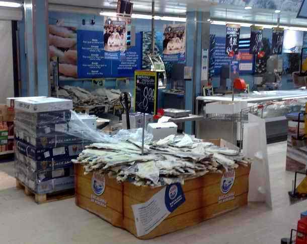 Portuguese supermarket with salted dry cod fish bacalhau
